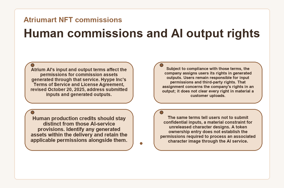 Illustration: Atriumart NFT commissions: Human commissions and AI output rights